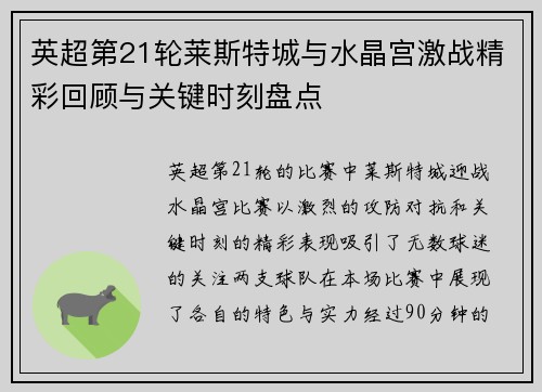 英超第21轮莱斯特城与水晶宫激战精彩回顾与关键时刻盘点